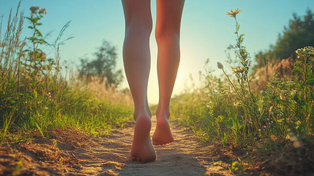 Back view of a barefoot woman's legs standing outdoors on lush green grass symbolizing freedom connection to nature grounding and simplicity under a serene natural environment

