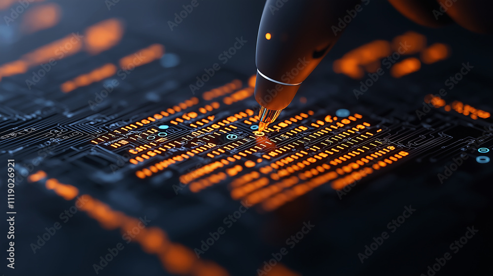 Leinwandbilder close up view of digital circuit board with glowing orange lines and stylus interacting with surface, showcasing advanced technology and innovation