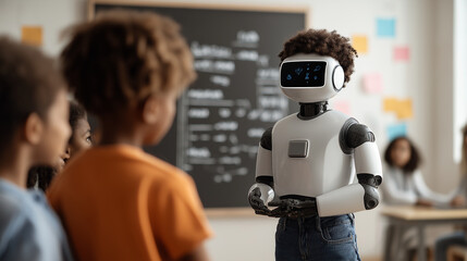 classroom scene featuring humanoid robot engaging with students, showcasing technology in education. robot interacts with children, promoting curiosity and learning