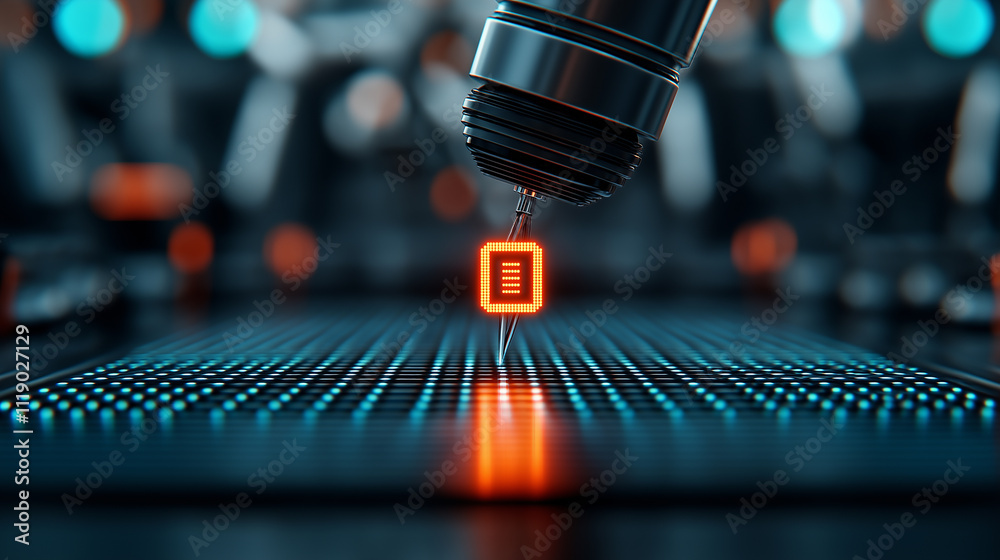 Aufkleber close up view of robotic arm placing microchip on circuit board, showcasing advanced technology and precision in electronics manufacturing