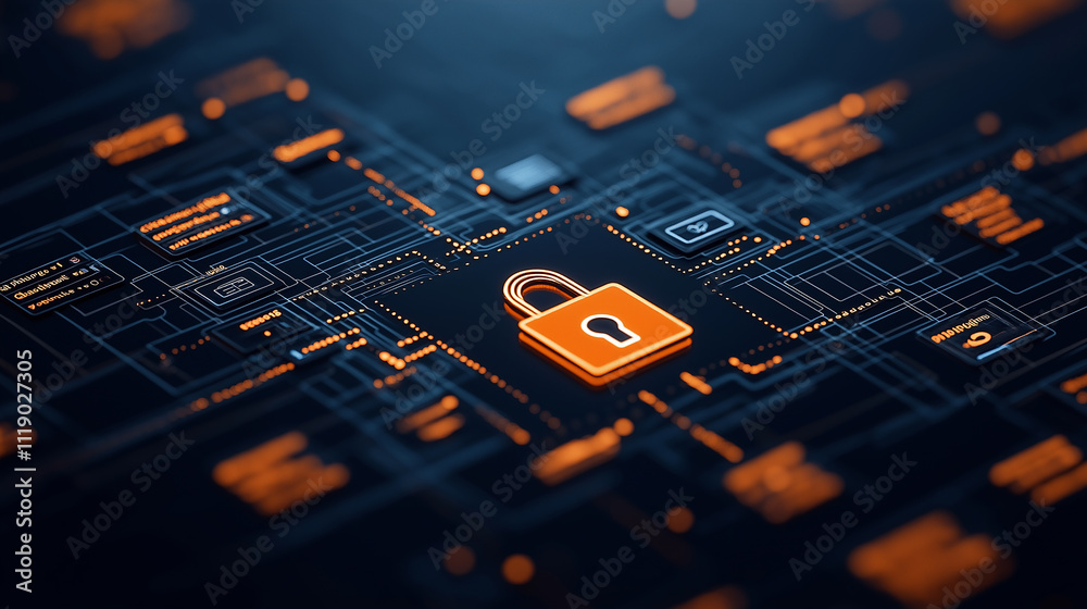 Poster vibrant graphic showing anatomy of cyber lock with intricate circuitry, symbolizing digital security