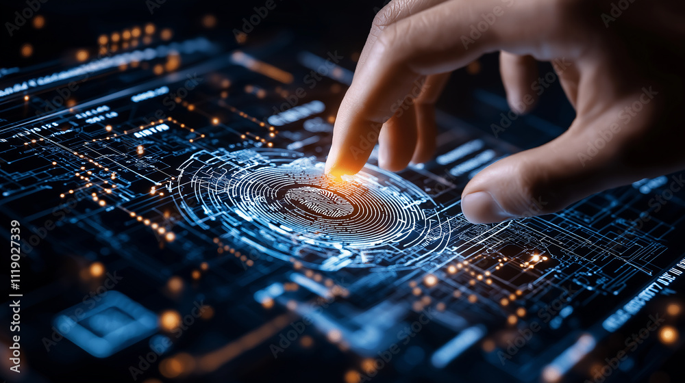 Poster close up of hand interacting with digital fingerprint scanner, showcasing technology and security. vibrant blue and orange lights create futuristic atmosphere