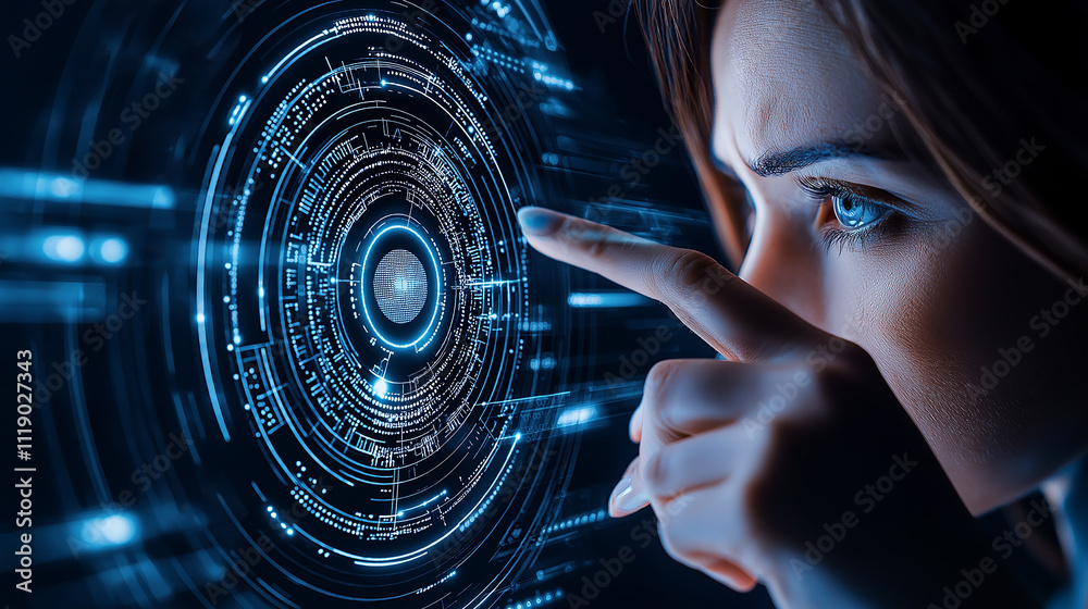 Poster futuristic technology concept with woman interacting with digital interface, showcasing advanced dat