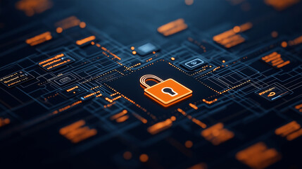 vibrant graphic showing anatomy of cyber lock with intricate circuitry, symbolizing digital security and protection in modern technological landscape
