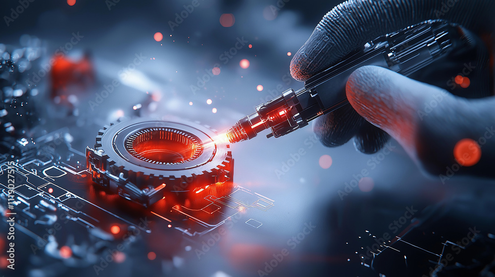 Aufkleber close up of hand using tool on futuristic gear, showcasing intricate technology and glowing elements