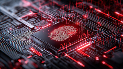 digital fingerprint on smartphone surrounded by glowing circuitry, symbolizing technology and security. vibrant red lines create futuristic atmosphere
