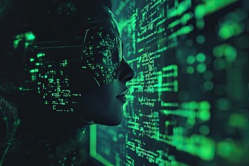 A 3D icon of a coder portrait with holographic interface computer screen and green coding lines in a cyberpunk theme