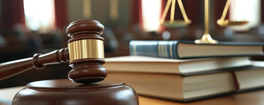 Legal authority presiding over a courtroom session, judge s gavel and law books in view, emphasizing justice, Legal authority session, courtroom drama