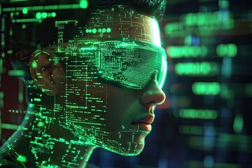 A 3D icon of a coder portrait with holographic interface computer screen and green coding lines in a cyberpunk theme