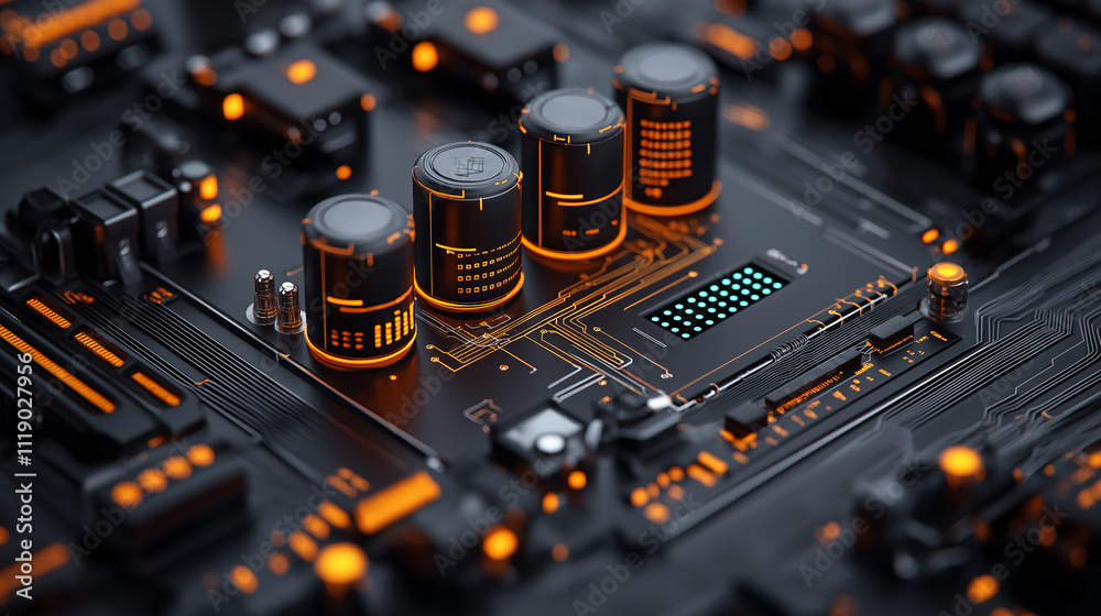 Leinwandbilder close up view of futuristic circuit board with glowing orange components, showcasing intricate details and advanced technology. design emphasizes innovation and modernity