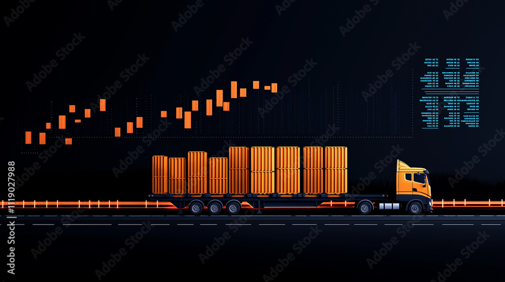 Poster detailed illustration of truck transporting orange containers on highway, with digital graph in background representing growth and data analysis