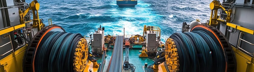 View of a ship deploying submarine cables, industrial winches and ocean waves in the background, submarine fiberoptic cable, marine infrastructure