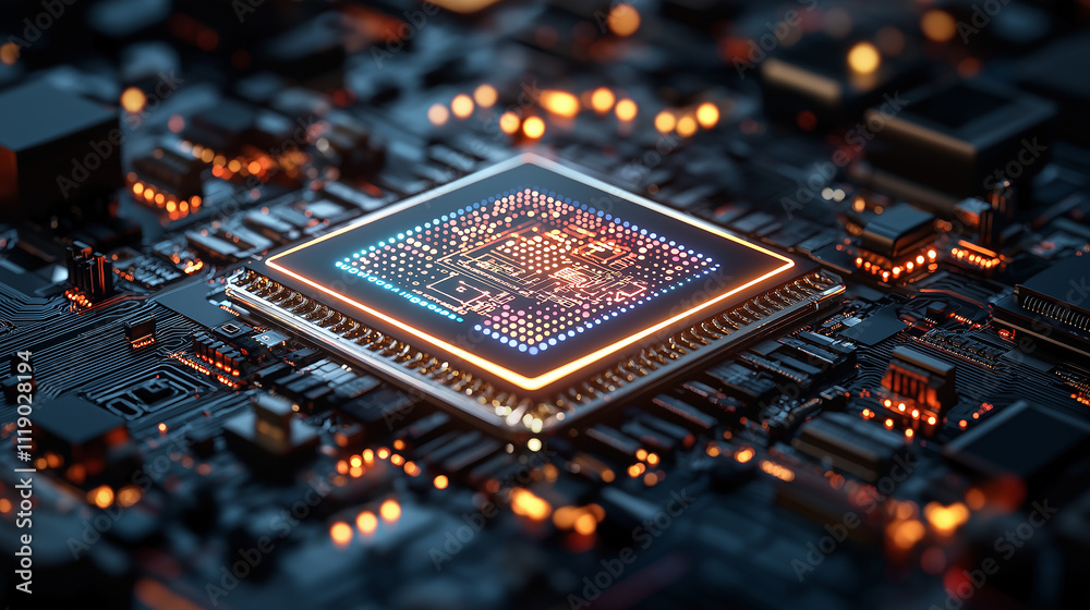 Leinwandbilder close up view of glowing microchip on circuit board, showcasing intricate details and vibrant lights