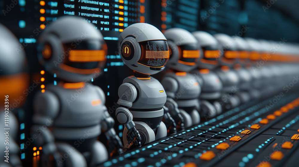 Fototapete futuristic scene featuring multiple humanoid robots with glowing elements, showcasing advanced technology and automation in digital environment