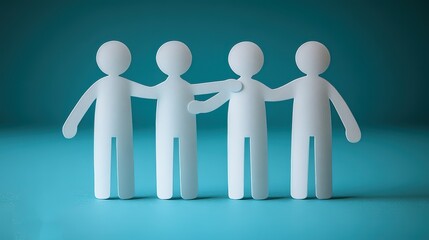 Three white paper people stand next to each other on a blue background, with one reaching out and supportively holding another's hand, their arm raised above them