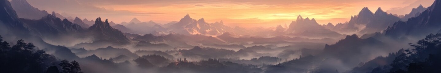 Fototapeta premium Majestic Mountain Range Sunset Landscape Fantasy Art