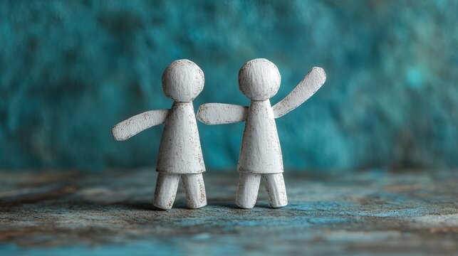 Three white paper people stand next to each other on a blue background, with one reaching out and supportively holding another's hand, their arm raised above them