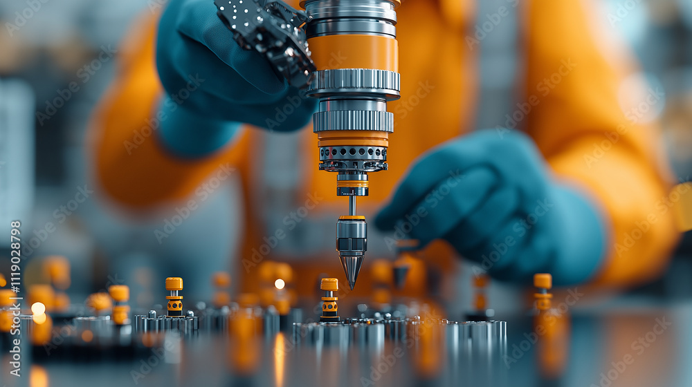 Leinwandbilder automated machinery in factory setting, showcasing precision engineering and assembly. worker uses a