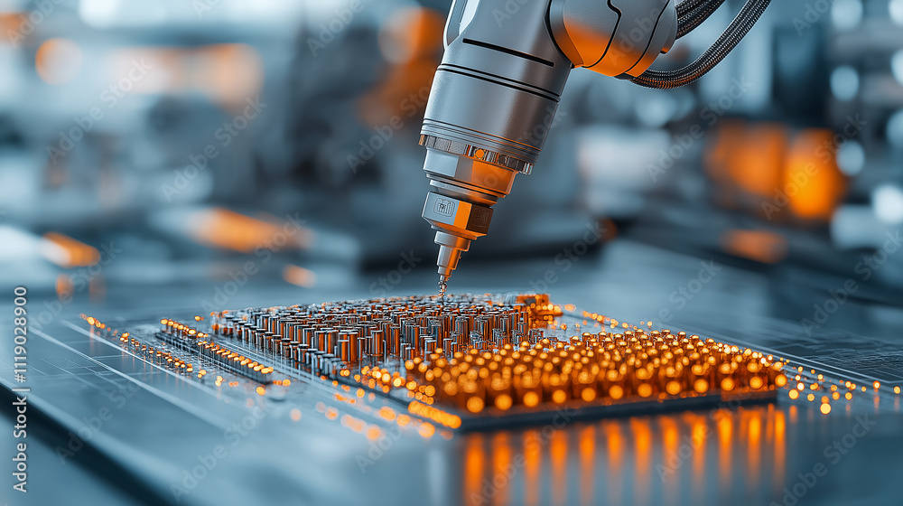 Poster advanced robotic arm working on circuit board, showcasing precision and technology in modern environment. glowing components highlight innovation and automation