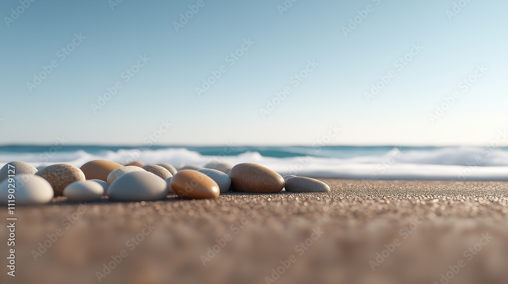 Poster serene coastal scene featuring smooth pebbles on sandy beach, with gentle waves lapping at shore und