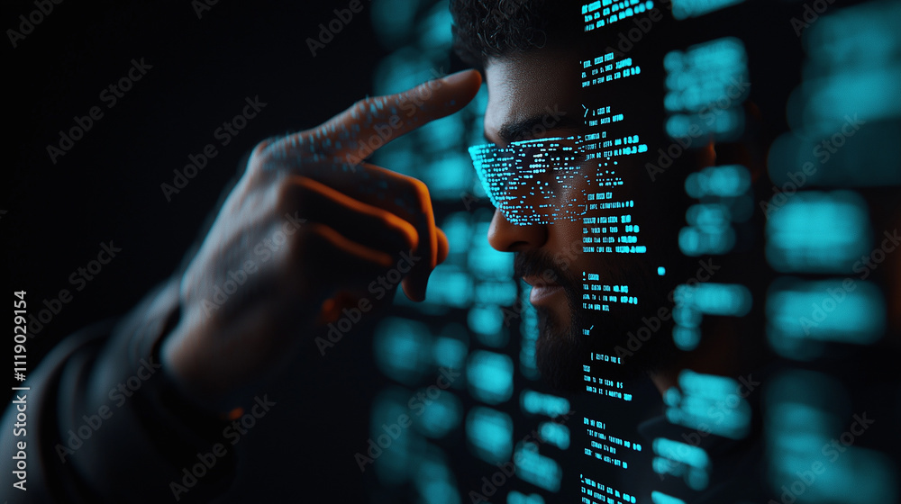 Aufkleber cyber analyst wearing futuristic glasses, analyzing data on digital screen, showcasing technology an