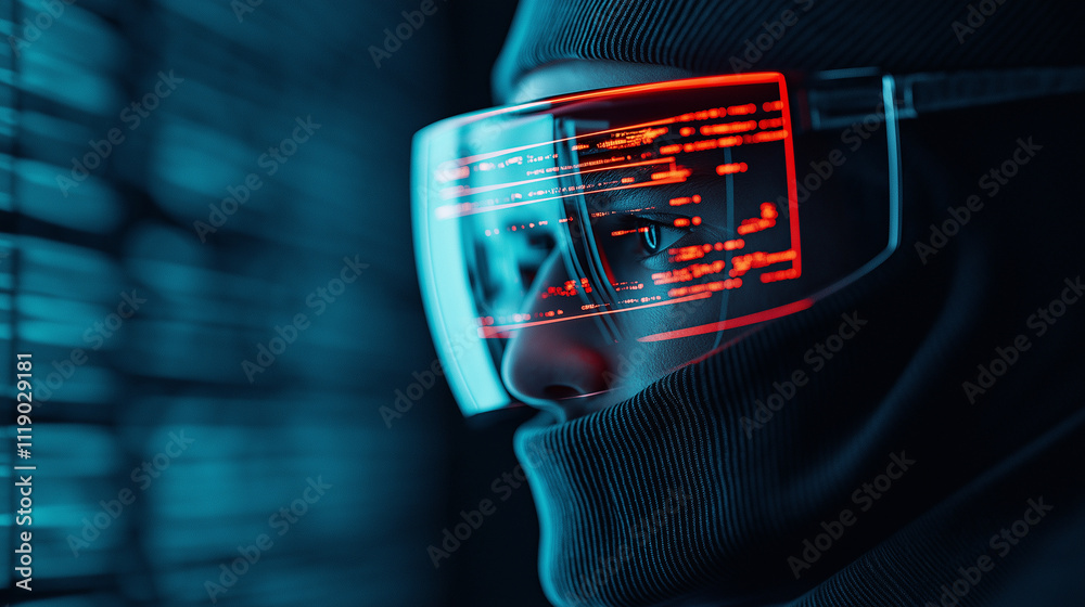 Poster cyber analyst wearing futuristic glasses analyzes data in dark environment, showcasing advanced tech