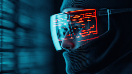 cyber analyst wearing futuristic glasses analyzes data in dark environment, showcasing advanced technology and focus. scene conveys sense of urgency and innovation