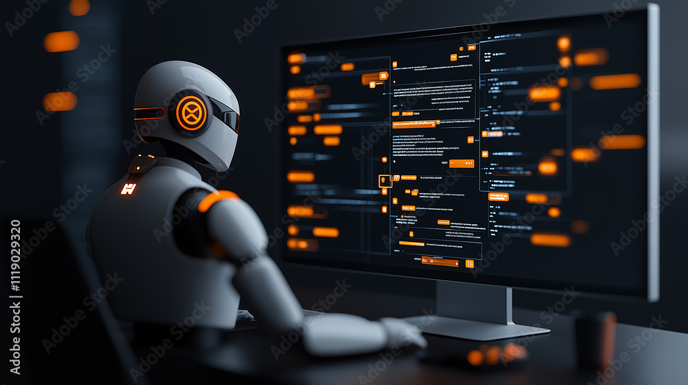 Aufkleber futuristic robot interacting with computer screen displaying data and chat messages, showcasing advanced AI technology and cybernetic design. scene is illuminated with vibrant orange accents