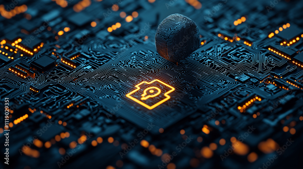 Poster detailed illustration of circuit board with fingerprint symbol, showcasing technology and security. 