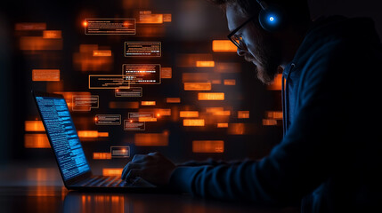 focused hacker working on laptop, surrounded by glowing code and data streams, creating vibrant atmosphere of technology and innovation