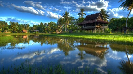 Obraz premium Tranquil Asian Stilt House By Calm Water Under Blue Skies