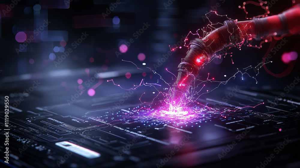 Poster artistic visualization of digital war, featuring robotic arm emitting sparks and energy on circuit b