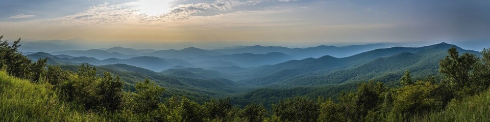 Fototapeta premium Majestic Mountain Ranges at Sunset Overlooking Lush Forests
