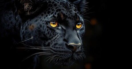 Obraz premium Close-up Portrait of Black Leopard with Piercing Yellow Eyes on Dark Background