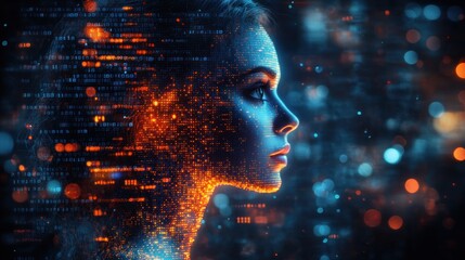 Futuristic Digital Portrait of Woman's Profile with Glowing Binary Code and Blue Light in Cyberpunk Style