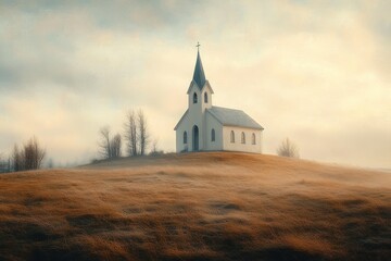 Naklejka premium Serene White Church on Hill in Spring Landscape Iceland