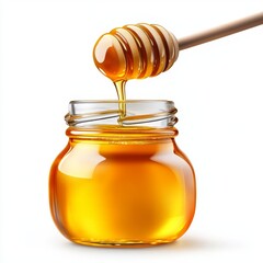 Golden Honey Dripping from Wooden Dipper into Clear Glass Jar