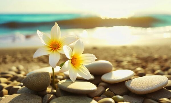 Pierres et galets blancs zen et fleur de frangipanier sur fond de mer et plage tropicale de sable blanc