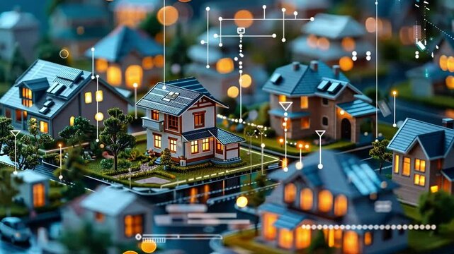 Dynamic portrayal of a thriving neighborhood where miniature homes are illuminated with warm lights.