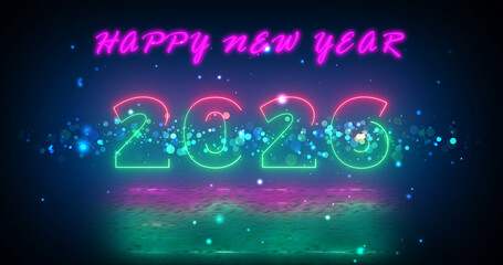 Happy New Year 2026 neon lines particles retro-themed futuristic awe bg. Shiny creative 3d midnight screen animation bg. Excitement celebration of Christmas eve New Year. Elegance with luxury.