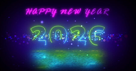 Happy New Year 2026 neon lines particles retro-themed futuristic awe bg. Shiny creative 3d midnight screen animation bg. Excitement celebration of Christmas eve New Year. Elegance with luxury.