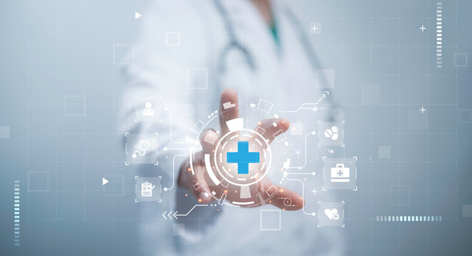 Doctor points to a glowing digital health cross symbol, emphasizing healthcare solutions, patient care, and technology integration - Powered by Adobe