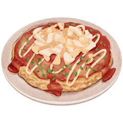 Hand Drawn Illustration of Okonomiyaki Japanese Snack