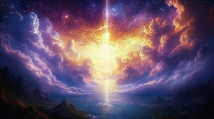 Creation of the Heavens and Earth with Cosmic Landscape Waterfall and Sun