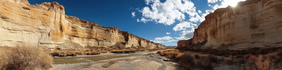 Canyon River Scene With High Sandstone Cliffs