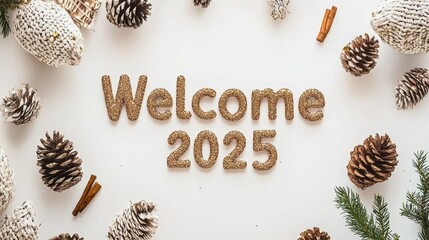 Fototapeta premium Welcome 2025 celebration with pine cones and cinnamon sticks cozy home environment festive vibe