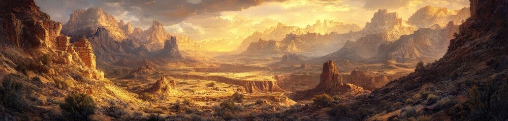 Naklejka premium Golden Canyon Sunset Majestic Mountain Range Landscape