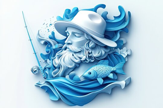 A 3D icon of a fisherman portrait with a fishing rod fish and water waves in a blue and white theme on a white background