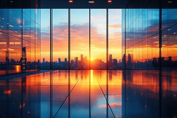 Modern Office Interior at Sunset with Sleek Glass Walls and Inviting Atmosphere