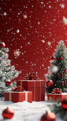 Obraz premium A cheerful holiday scene with red presents, sparkling snow, and Christmas trees